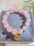 Luminous Love Heart Cherry Blossom Pink Glass Bead Bracelet,Handmade Women Stretchy Bracelet