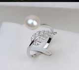 S925 Sterling Silver Open Feather Ring Adjustable Pearl Ring Holder