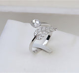 S925 Sterling Silver Open Feather Ring Adjustable Pearl Ring Holder