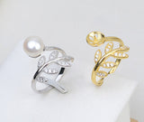 S925 sterling silver leaf model adjustable finger ring women feather ring 8-10mm pearl ring holder