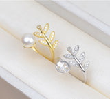 S925 sterling silver leaf model adjustable finger ring women feather ring 8-10mm pearl ring holder