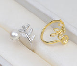 S925 sterling silver leaf model adjustable finger ring women feather ring 8-10mm pearl ring holder