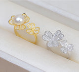 S925 Sterling Silver Flower Open Ring Adjustable Finger Ring Finger Ring 5-6mm Pearl ring holder