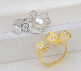 S925 Sterling Silver Flower Open Ring Adjustable Finger Ring Finger Ring 5-6mm Pearl ring holder