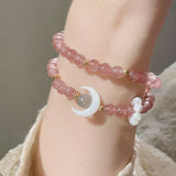 Bright Moon - Double Loop Strawberry Quartz Crystal Bracelet,Handmade Women Stretchy Bracelet,Crystal Bracelet