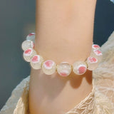 Luminous Love Heart Cherry Blossom Pink Glass Bead Bracelet,Handmade Women Stretchy Bracelet